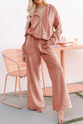 Peach Blossom Velvet Zip-up Hoodie and Wide Leg Pants Set 🇺🇸