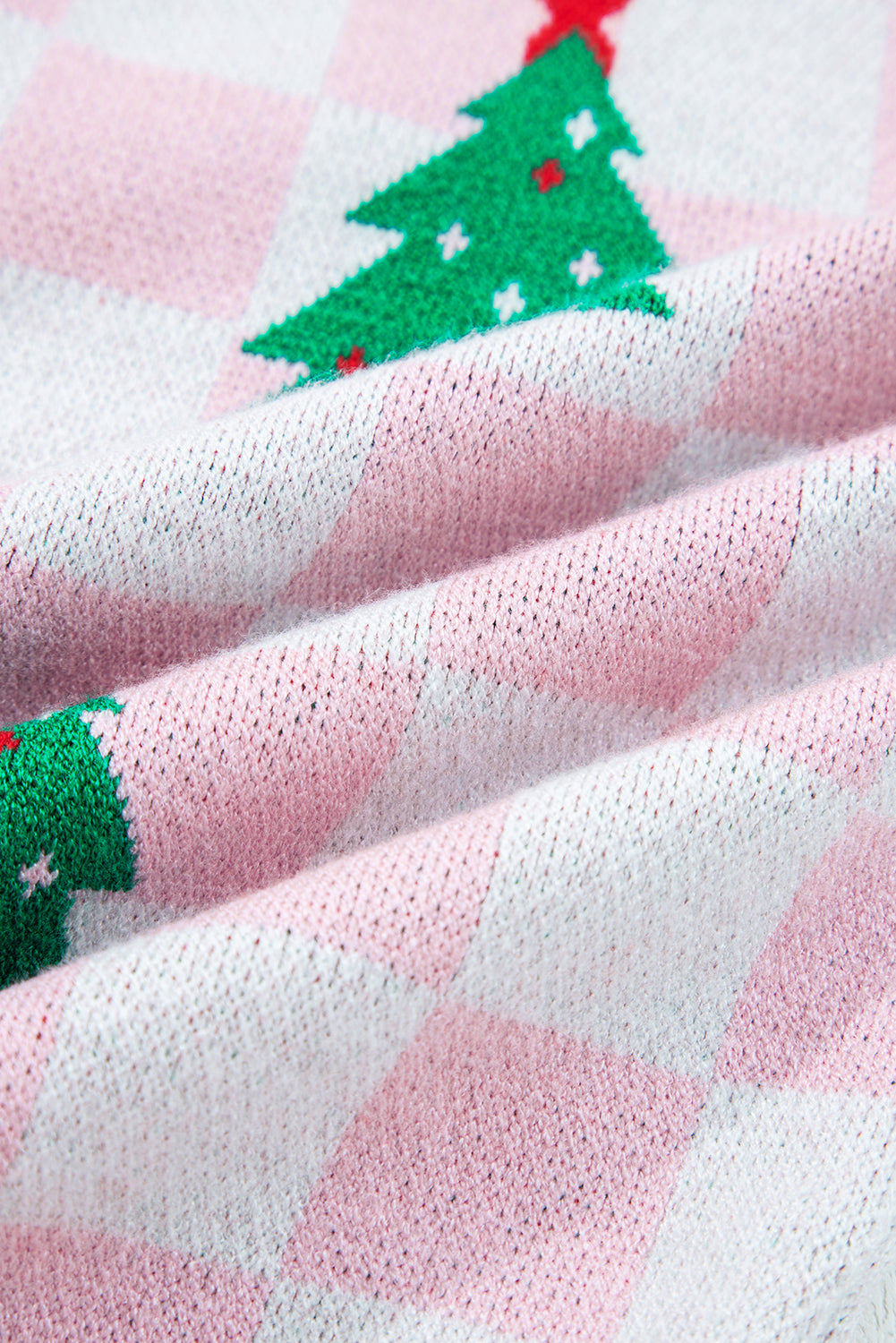 Pink Checkered Christmas Tree Pattern Button V Neck Cardigan Sweater 🇺🇸