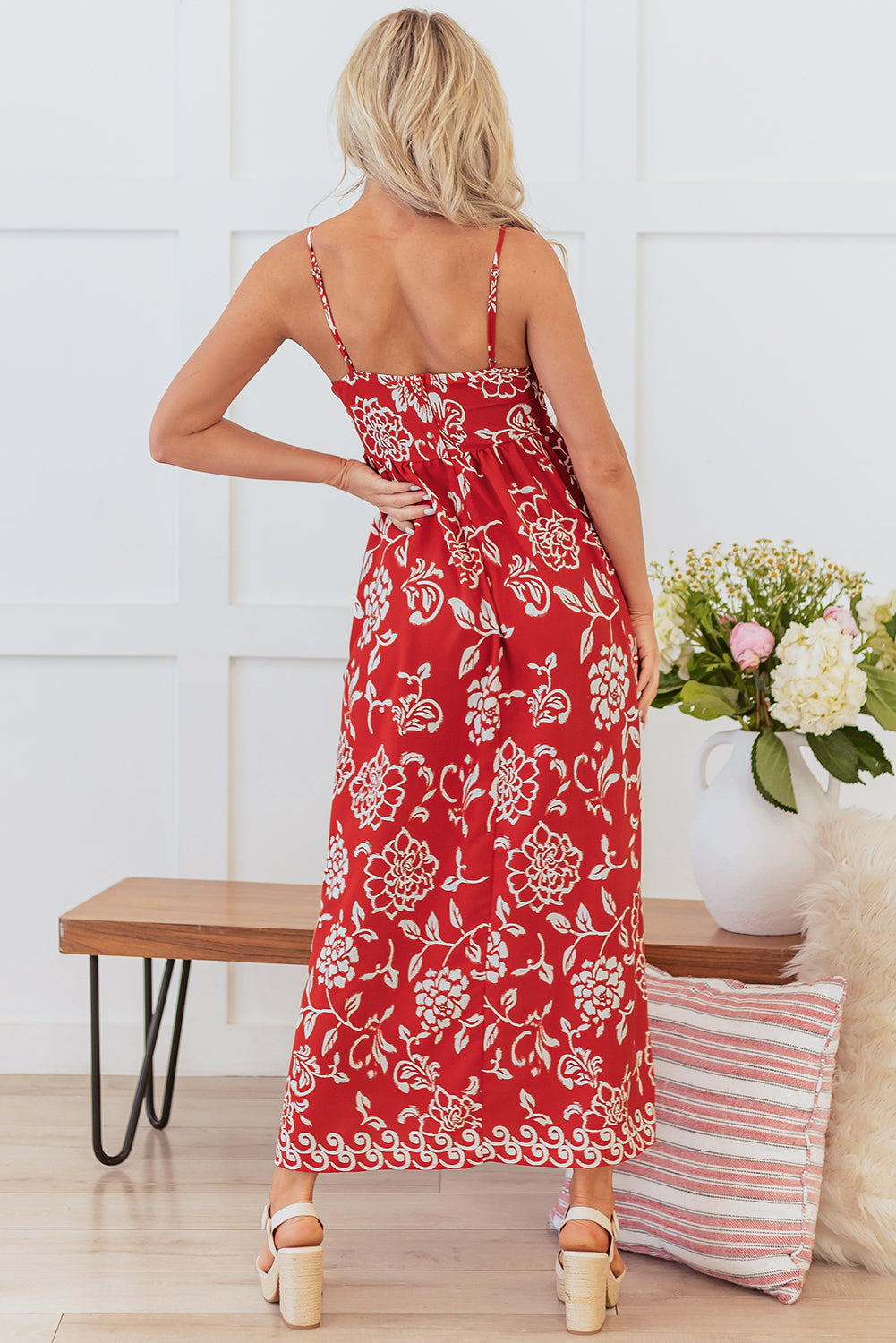 Red Floral Printed Spaghetti Strap Empire Waist Maxi Dress 🇺🇸
