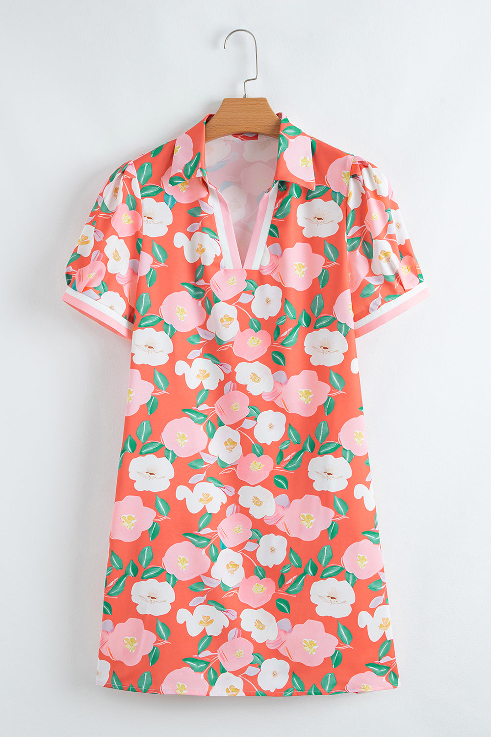 Fresh Salmon Floral Print Contrast Striped Trim Polo Collar T Shirt Dress 🇺🇸