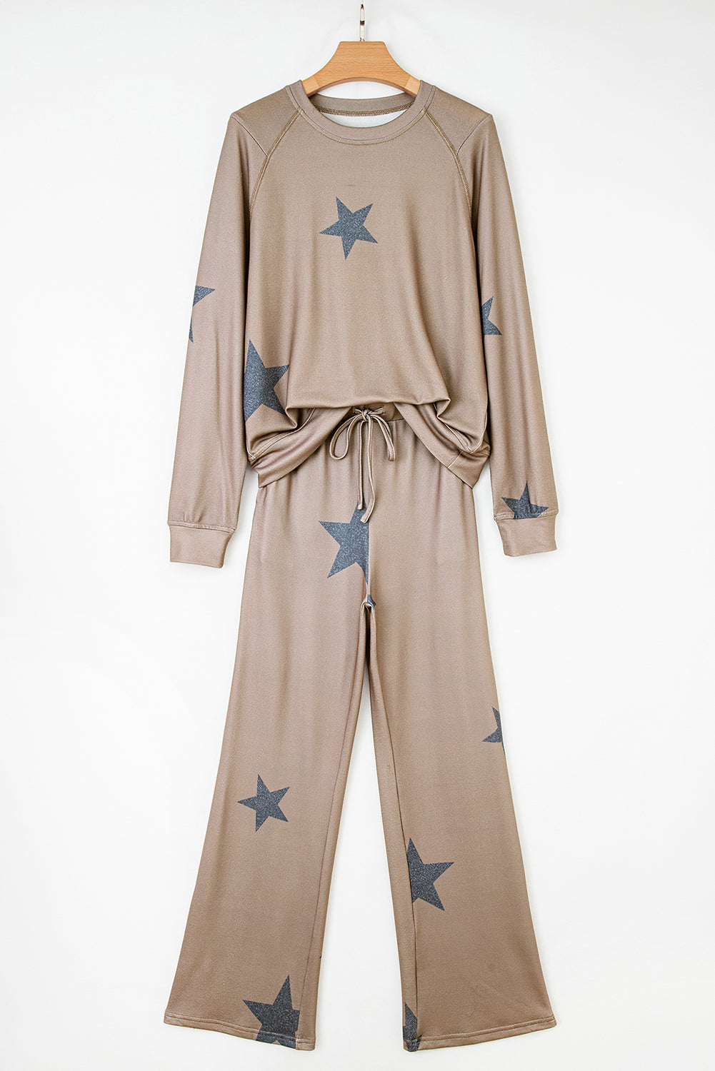 Khaki Retro Star Print Loose Long Sleeve Drawstring Wide Leg 2pcs Lounge Set 🇺🇸