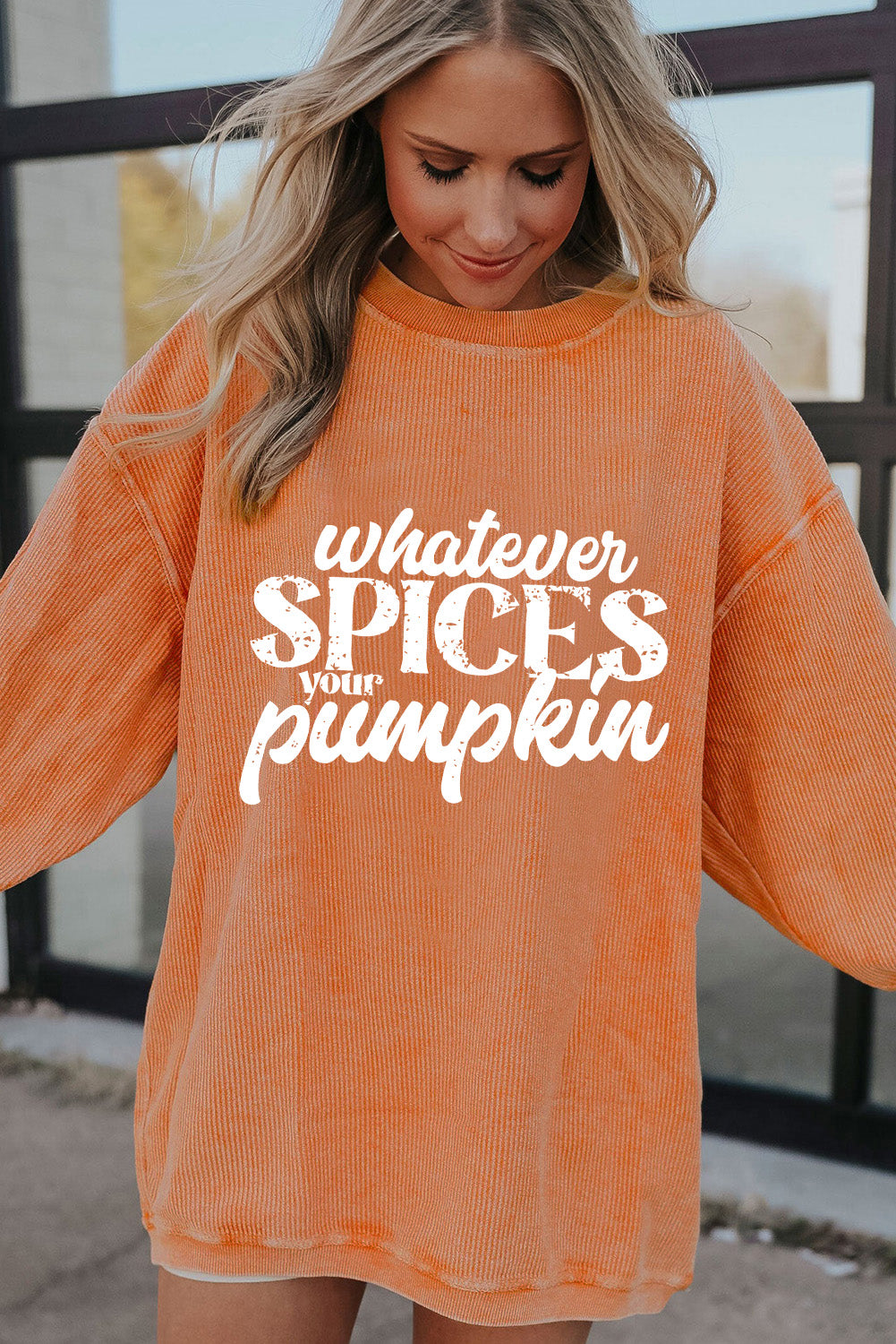 Orange Whatever Spices Your Pumpkin Graphic Corded Pullover Sweatshirt 🇺🇸