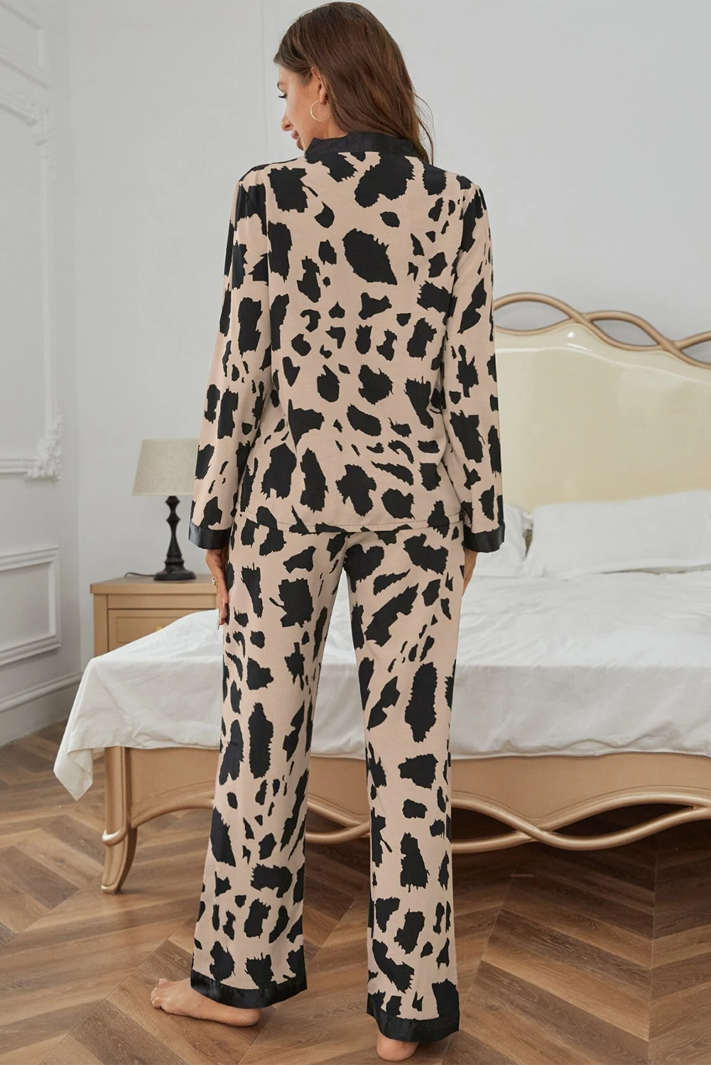 Khaki Cheetah Contrast Trim Loose Fit Two Piece Sleepwear 🇺🇸