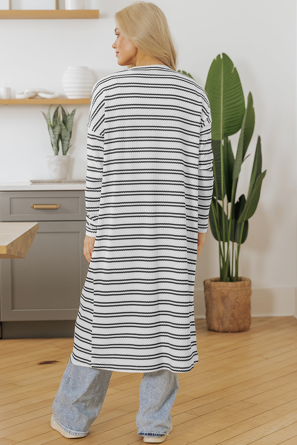 Black Stripe Print Open Front Duster Cardigan 🇺🇲