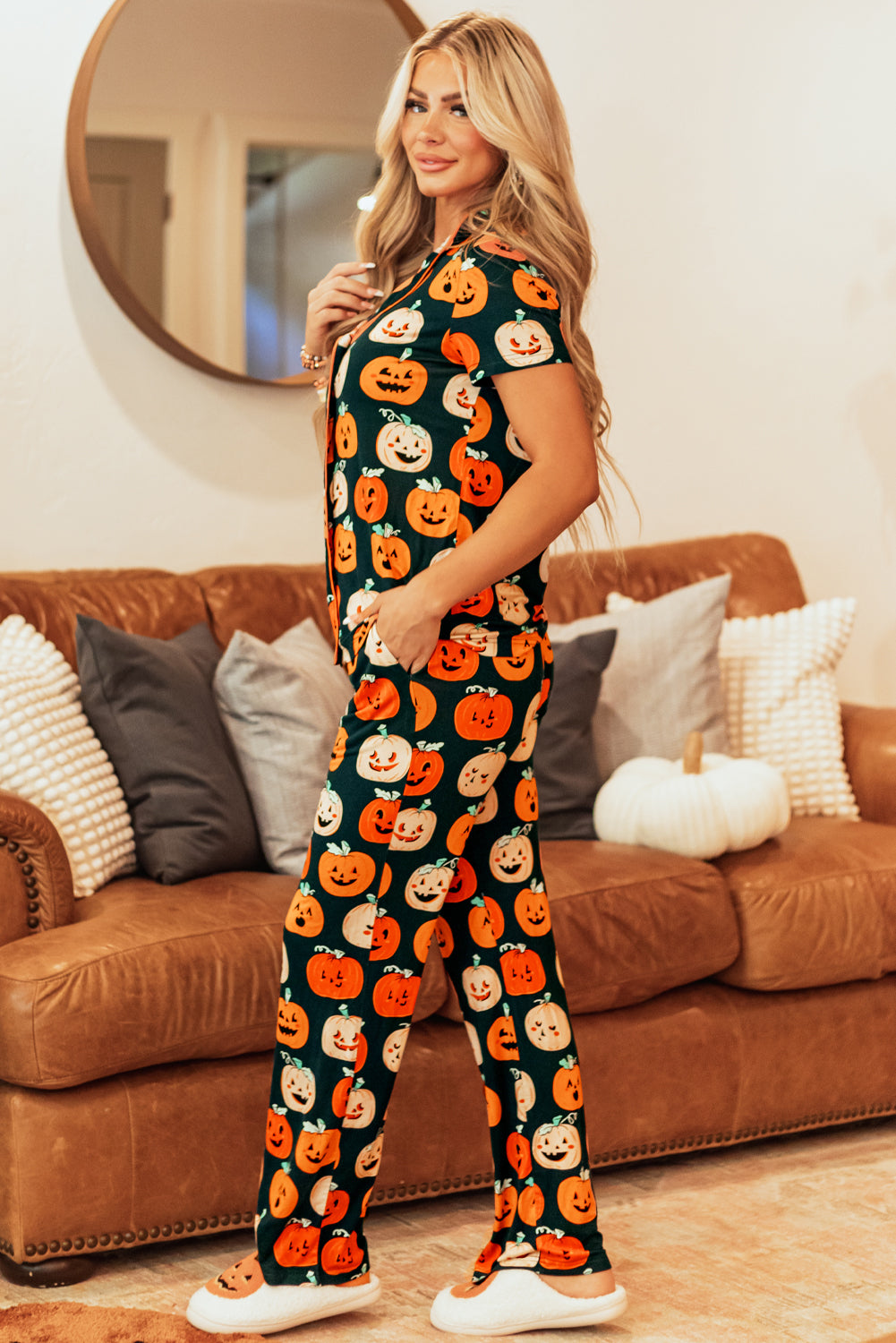 Orange Halloween Pattern Short Sleeve Shirt Pajama Set 🇺🇸