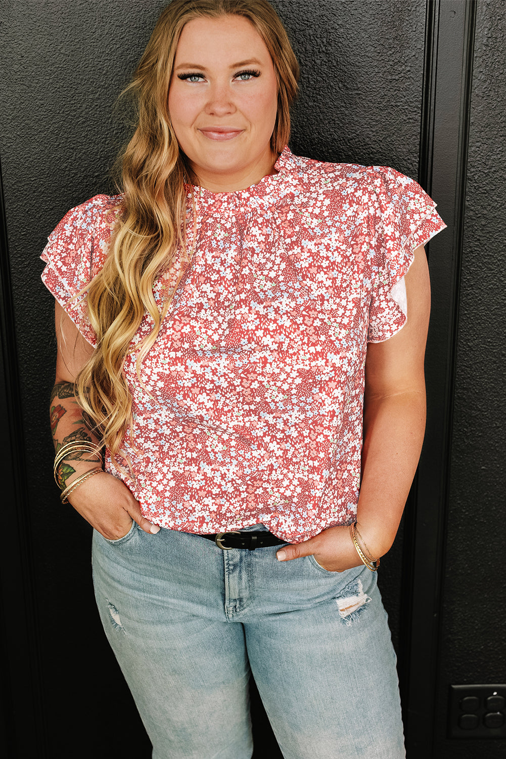 Pink Plus Size Floral Print Ruffled Sleeve Frilled Neck Blouse 🇺🇸