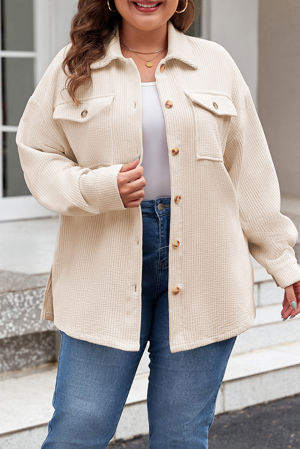Oatmeal Textured Flap Pockets Buttoned Plus Size Shacket 🇺🇸