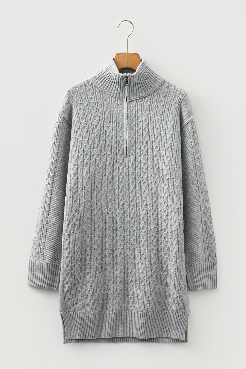 High Cable Knit Quarter Zip Ribbed Trim Loose Sweater Dress 🇺🇸