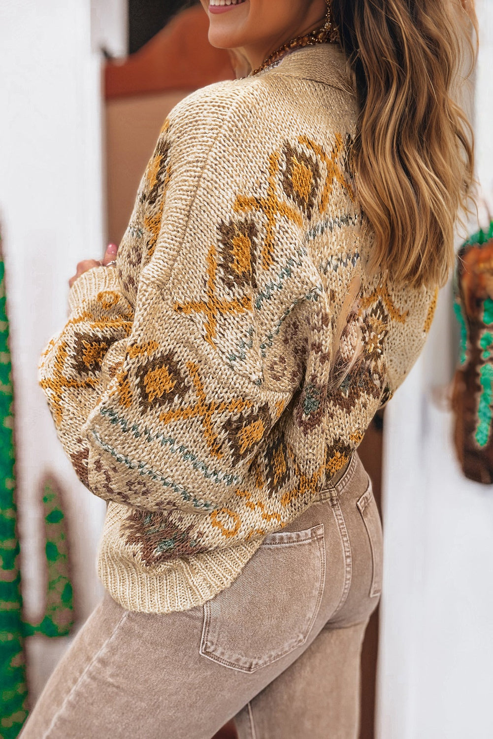 Khaki Western Pattern Knitted Button V Neck Cardigan Sweater 🇺🇸