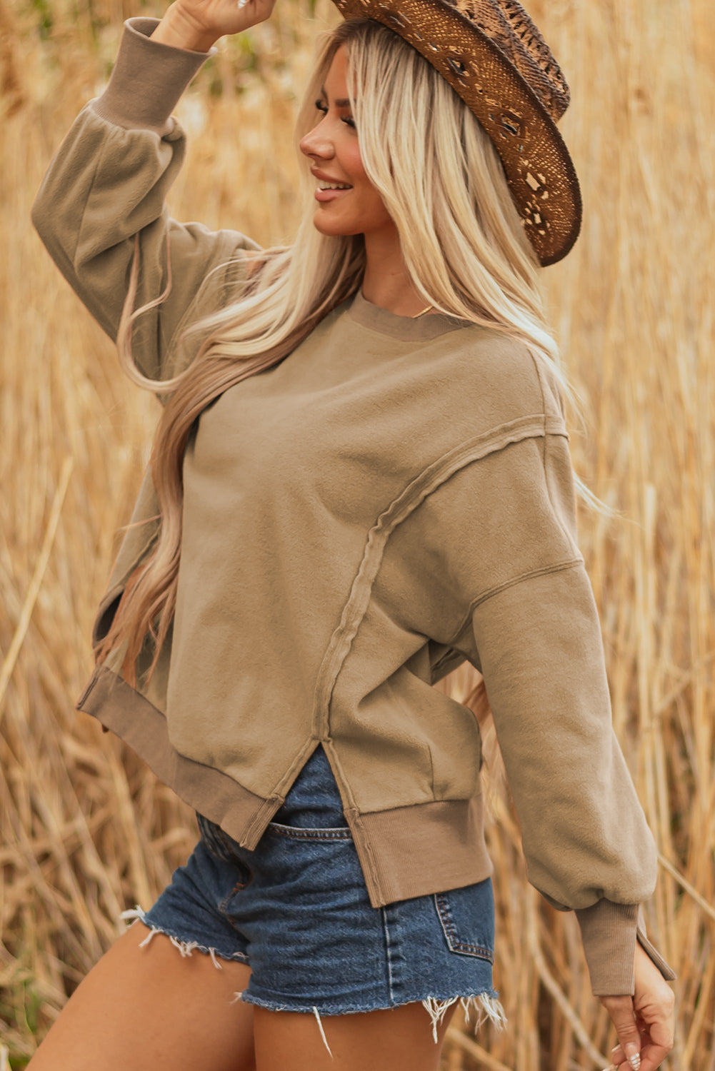 Dark Khaki Fuzzy Sherpa Splicing Pullover Sweatshirt with Side Slit 🇺🇸