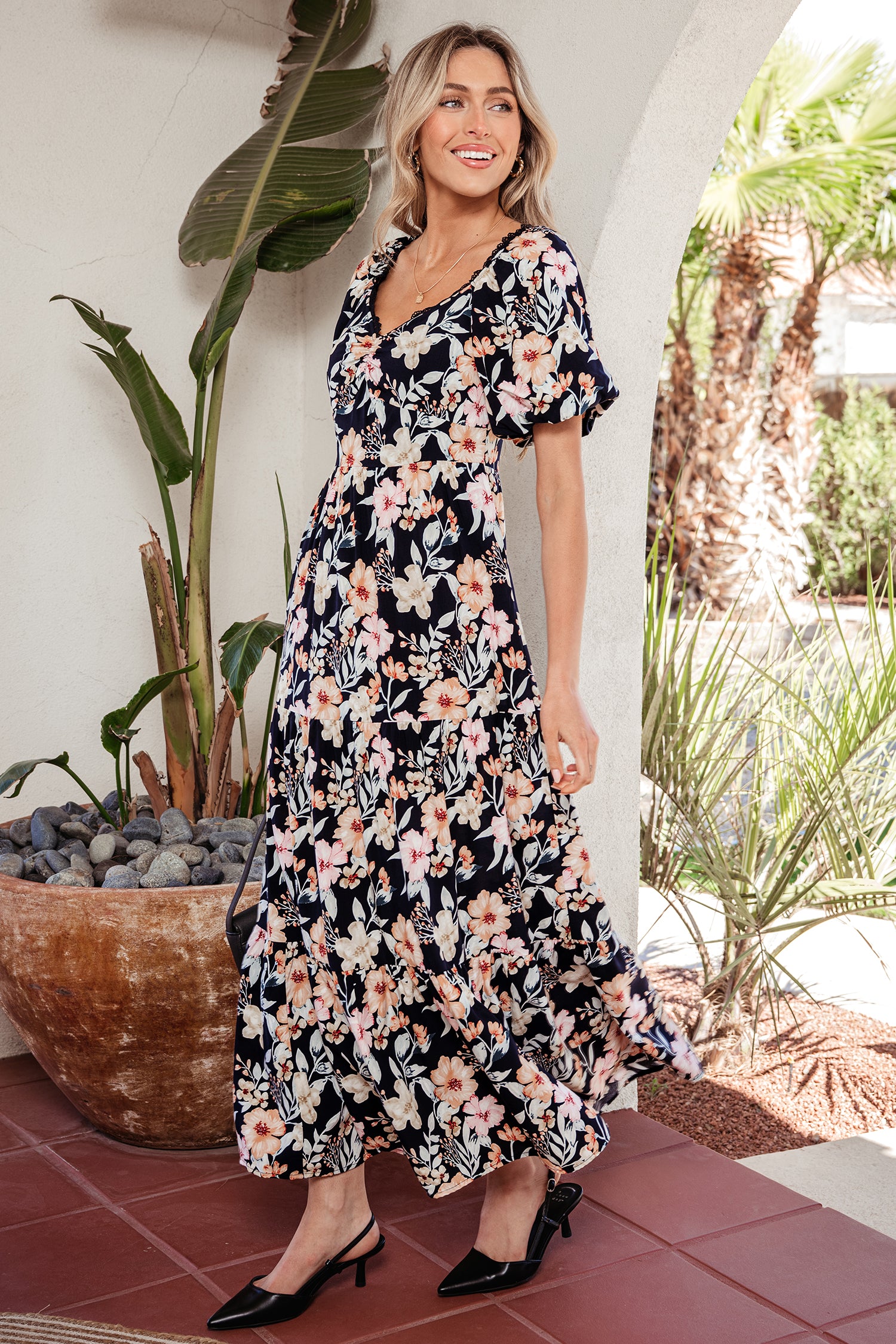 Blue Short Sleeve Smocked Detail High Waist Floral Maxi Dress 🇺🇸