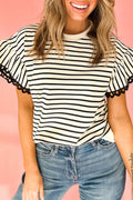 Black Stripe Scallop Lace Trim Ruffle Short Sleeves Crewneck Top 🇺🇲