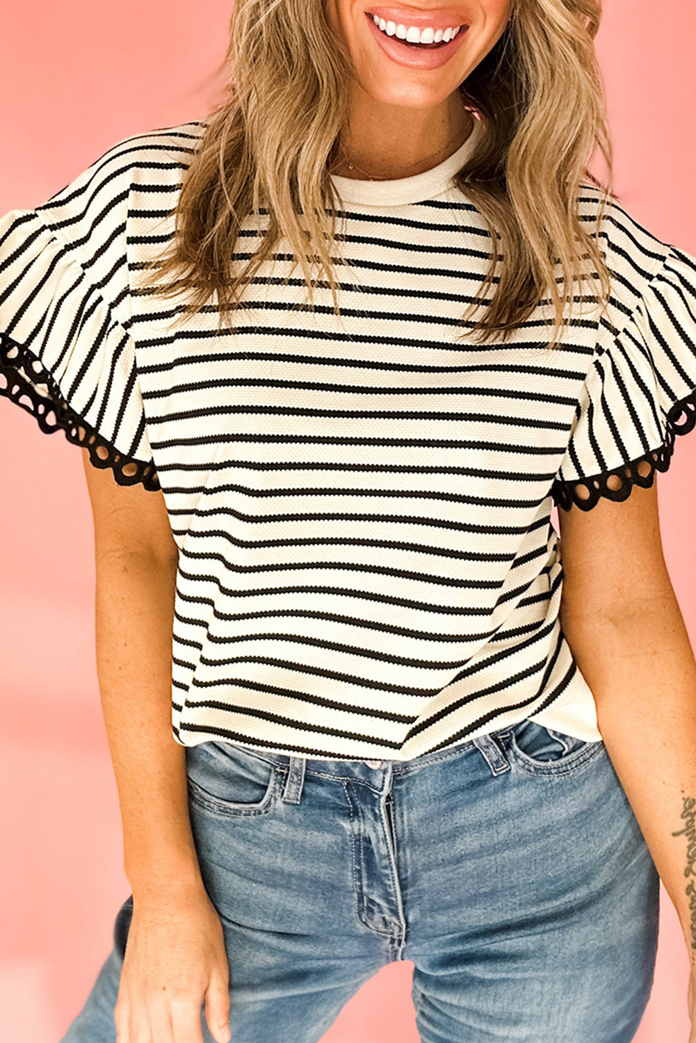 Black Stripe Scallop Lace Trim Ruffle Short Sleeves Crewneck Top 🇺🇲