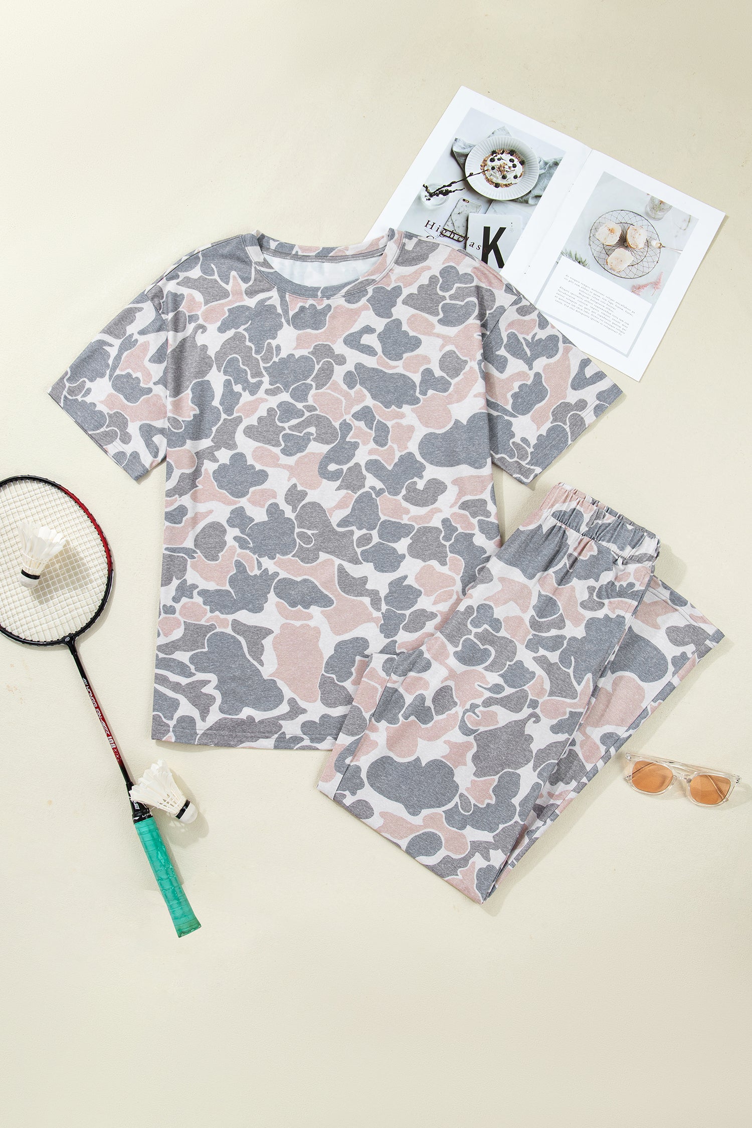 Multicolour Camouflage Short Sleeve Top and High Waist Wide Leg Pants Set 🇺🇸