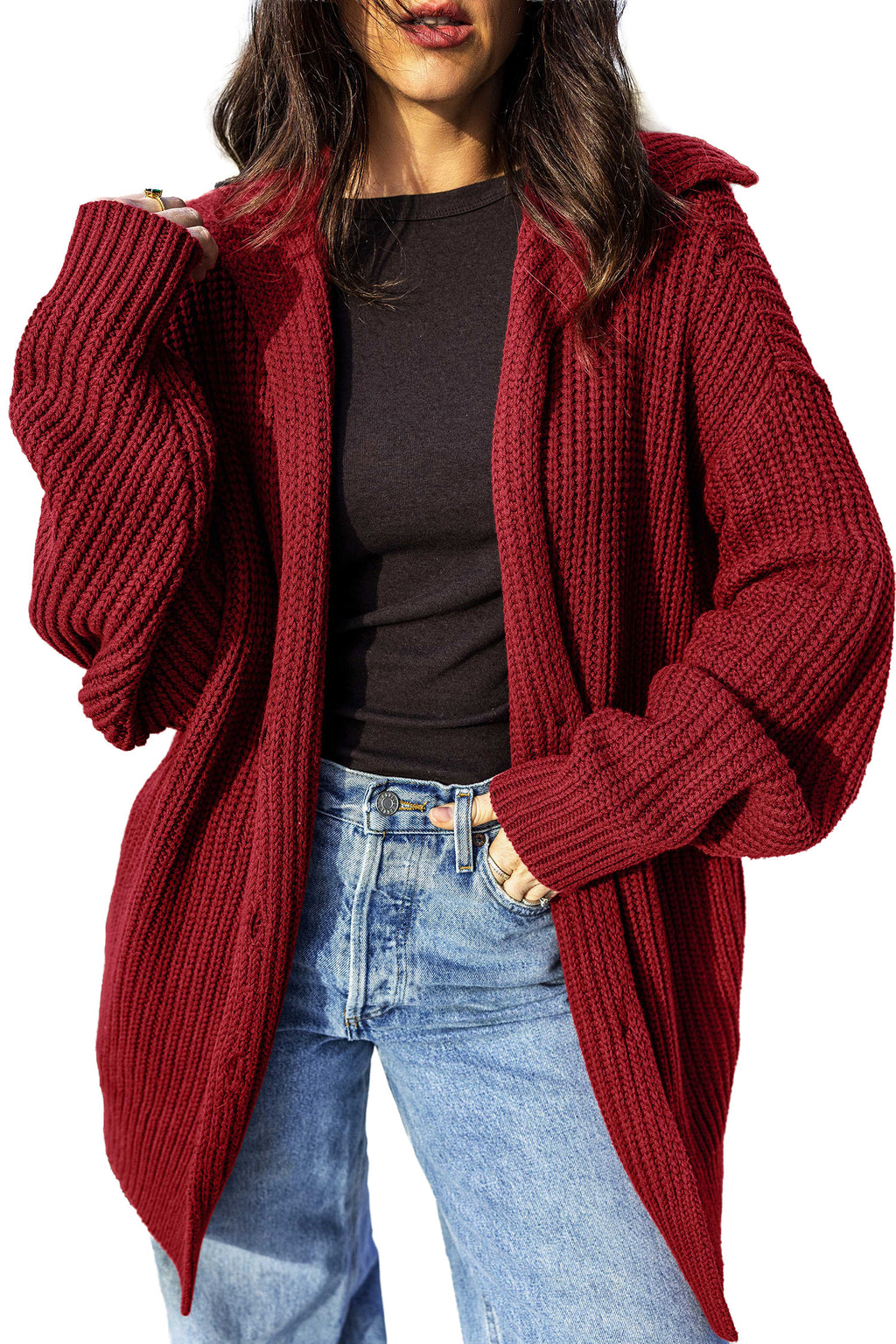 Red Dahlia Solid Color Knit Oversized Button Front Sweater Cardigan 🇺🇸