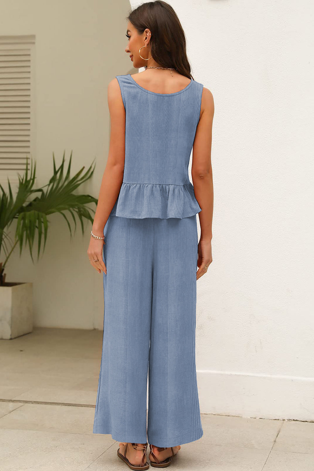 Beau Blue Solid Color Ribbed Ruffle Tank Top and Pants Set 🇨🇳