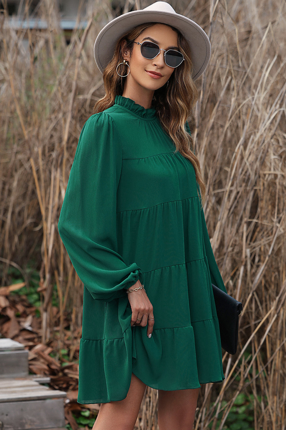 Green Puff Sleeve Mock Neck Back Knot Tiered Dress 🇺🇸
