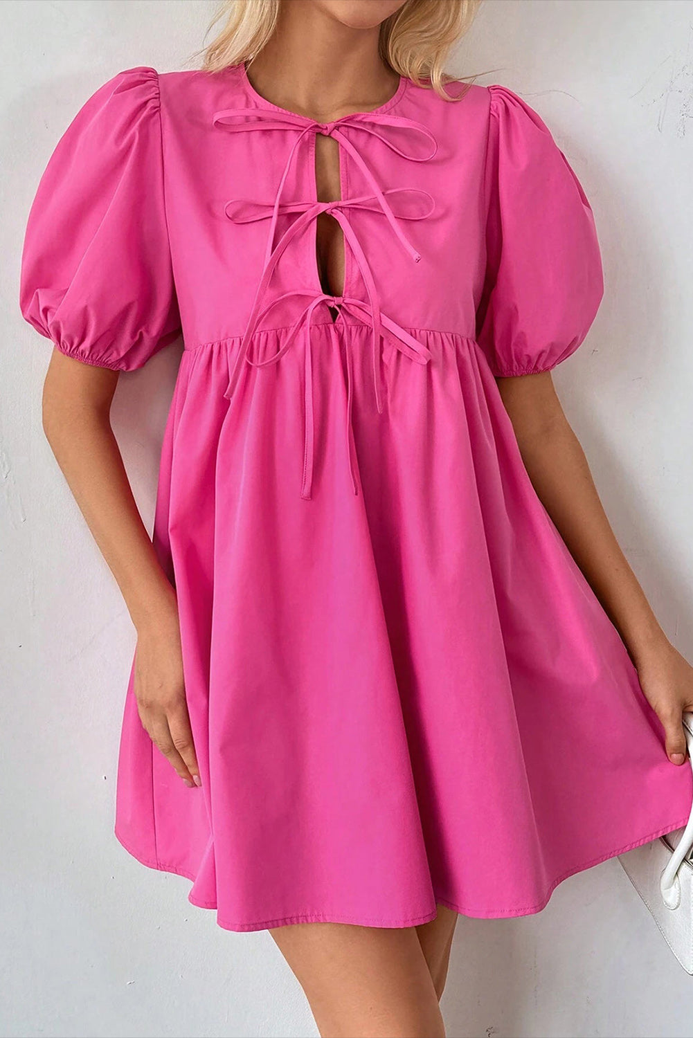 Bright Pink Solid Color Puff Sleeve Tie Front High Waist Mini Dress 🇺🇸