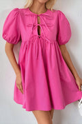 Bright Pink Solid Color Puff Sleeve Tie Front High Waist Mini Dress 🇺🇸