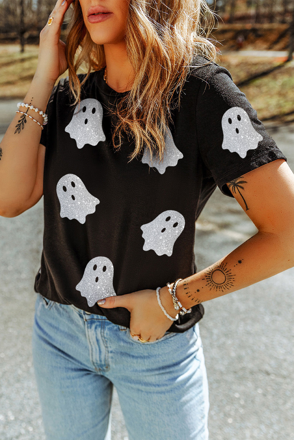 Black Glitter Ghost Pattern Crew Neck Halloween T Shirt 🇺🇸
