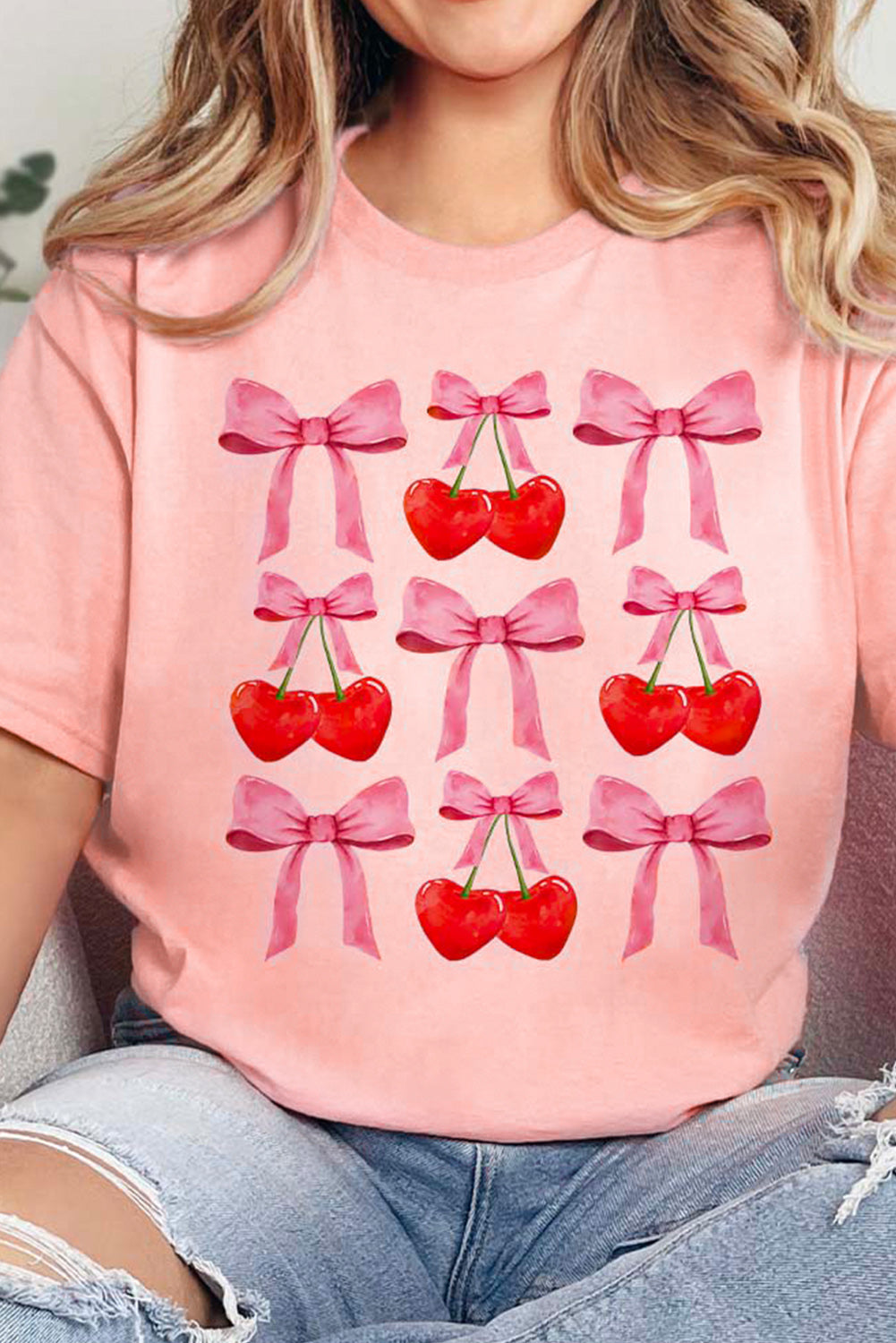 Pink Bow Cherry Print Crew Neck Casual T Shirt 🇨🇳
