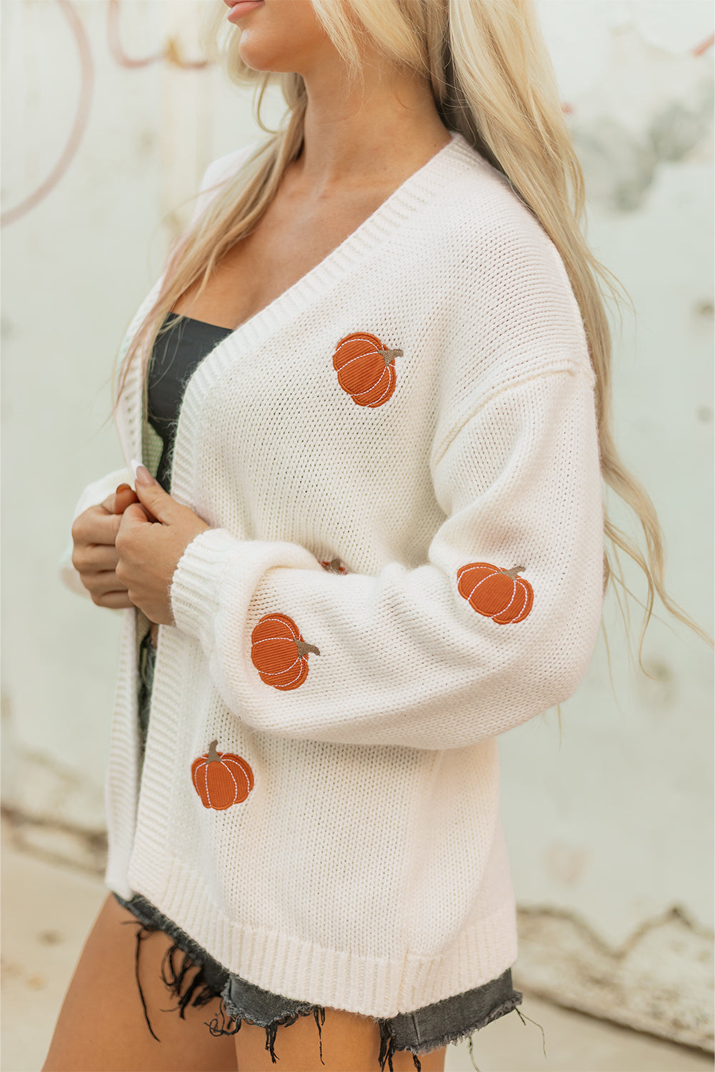 White Pumpkin Print Open Front Drop Shoulder Midi Cardigan 🇺🇸
