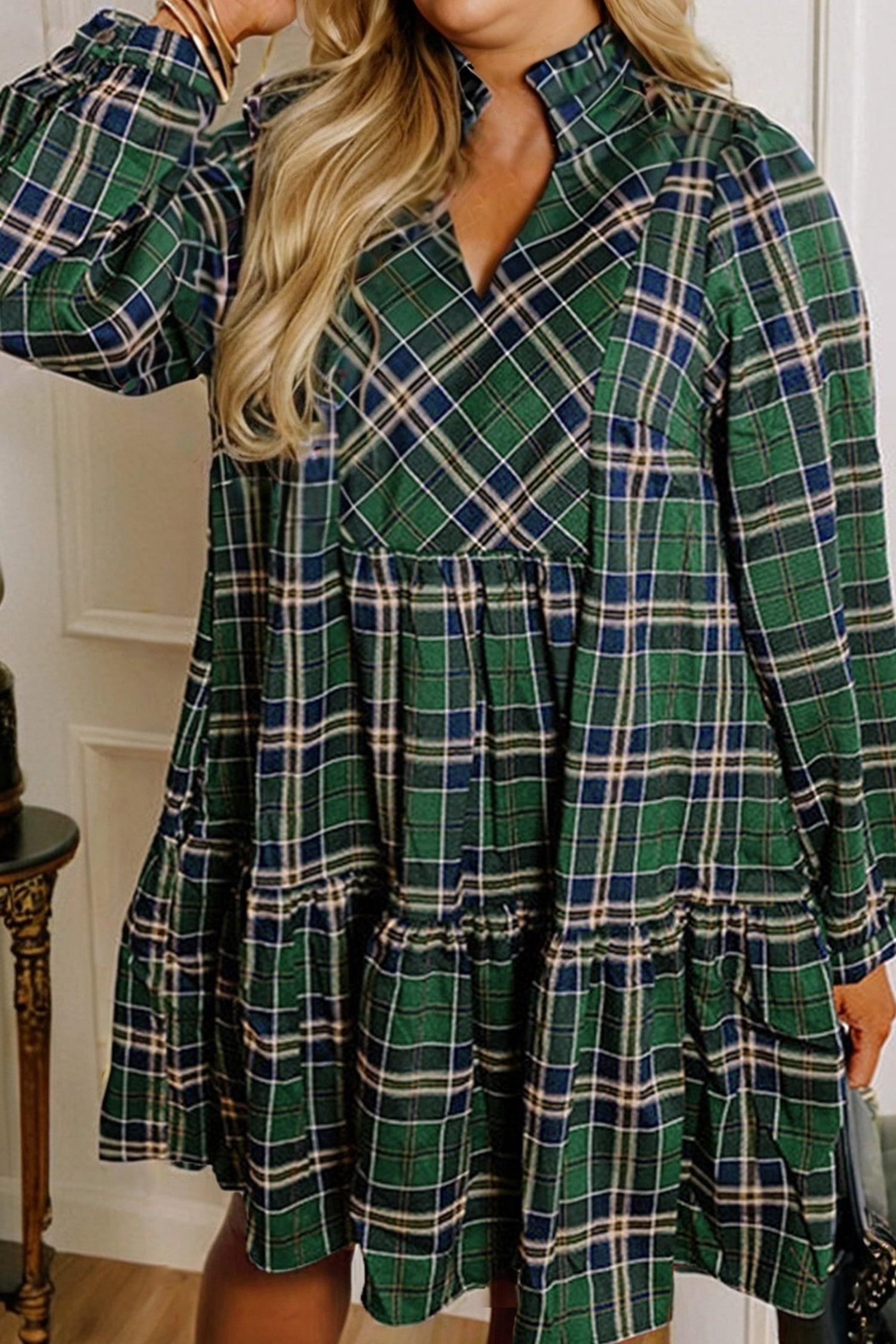 Green Plus Size Plaid Long Sleeve Notched Neck Shift Mini Dress 🇺🇸
