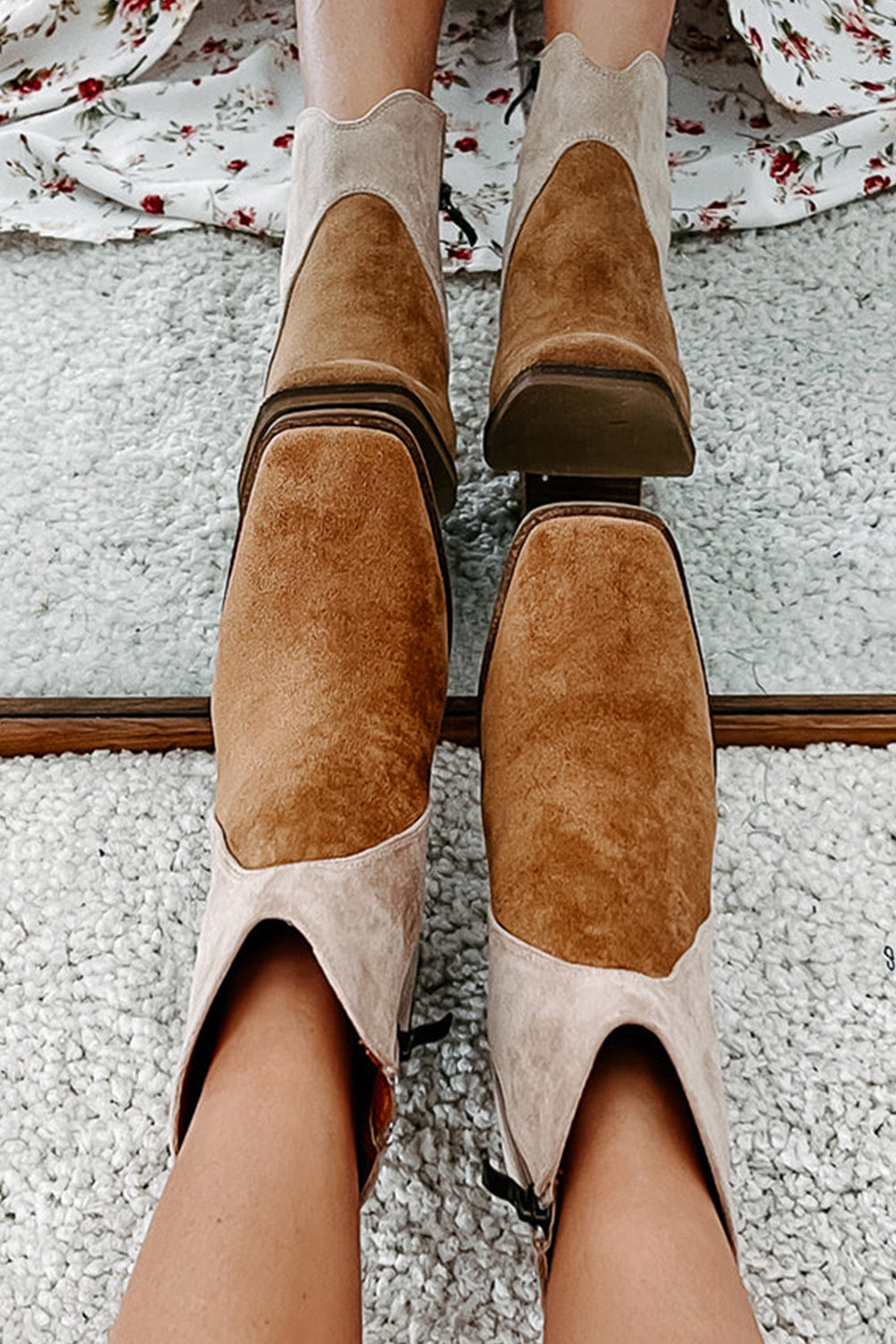 Camel Two Tone Faux Suede Square Toe Chunky Heel Boots 🇺🇸