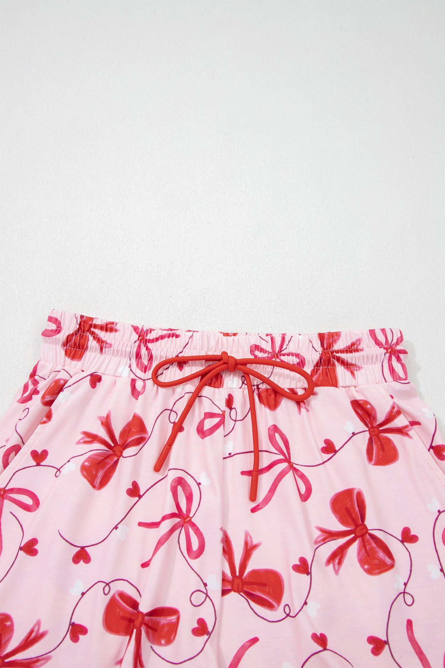 Red Romantic Bow Print Loose Tee Drawstring Shorts 2pcs Lounge Set 🇺🇸