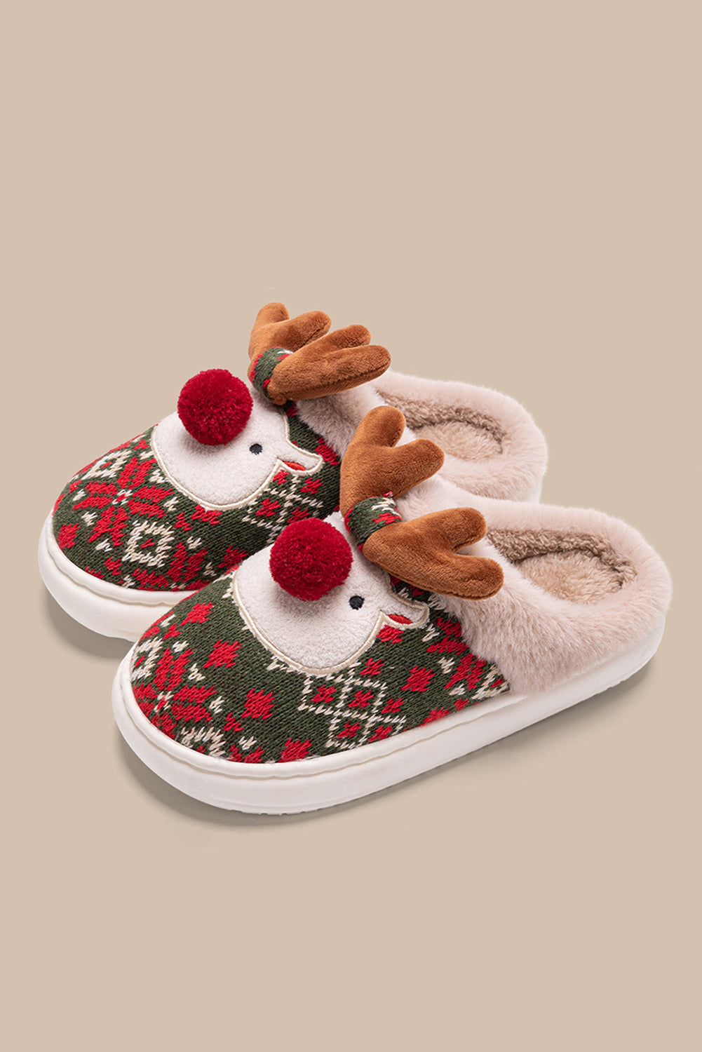 Dark Green Christmas Cartoon Reindeer Plush Home Slippers 🇺🇸