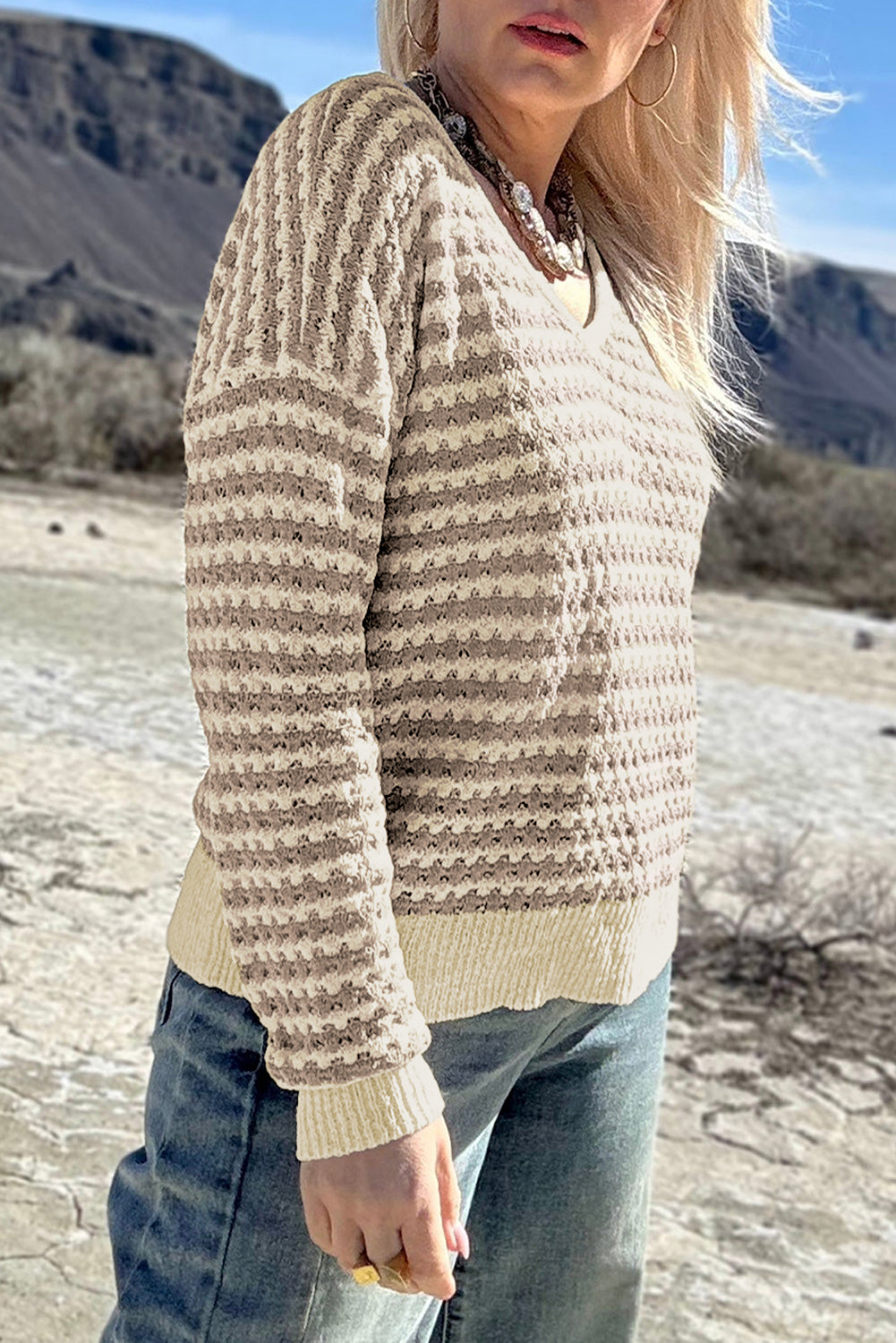 Khaki Stripe Plus Size V Neck Drop Shoulder Sweater 🇺🇸