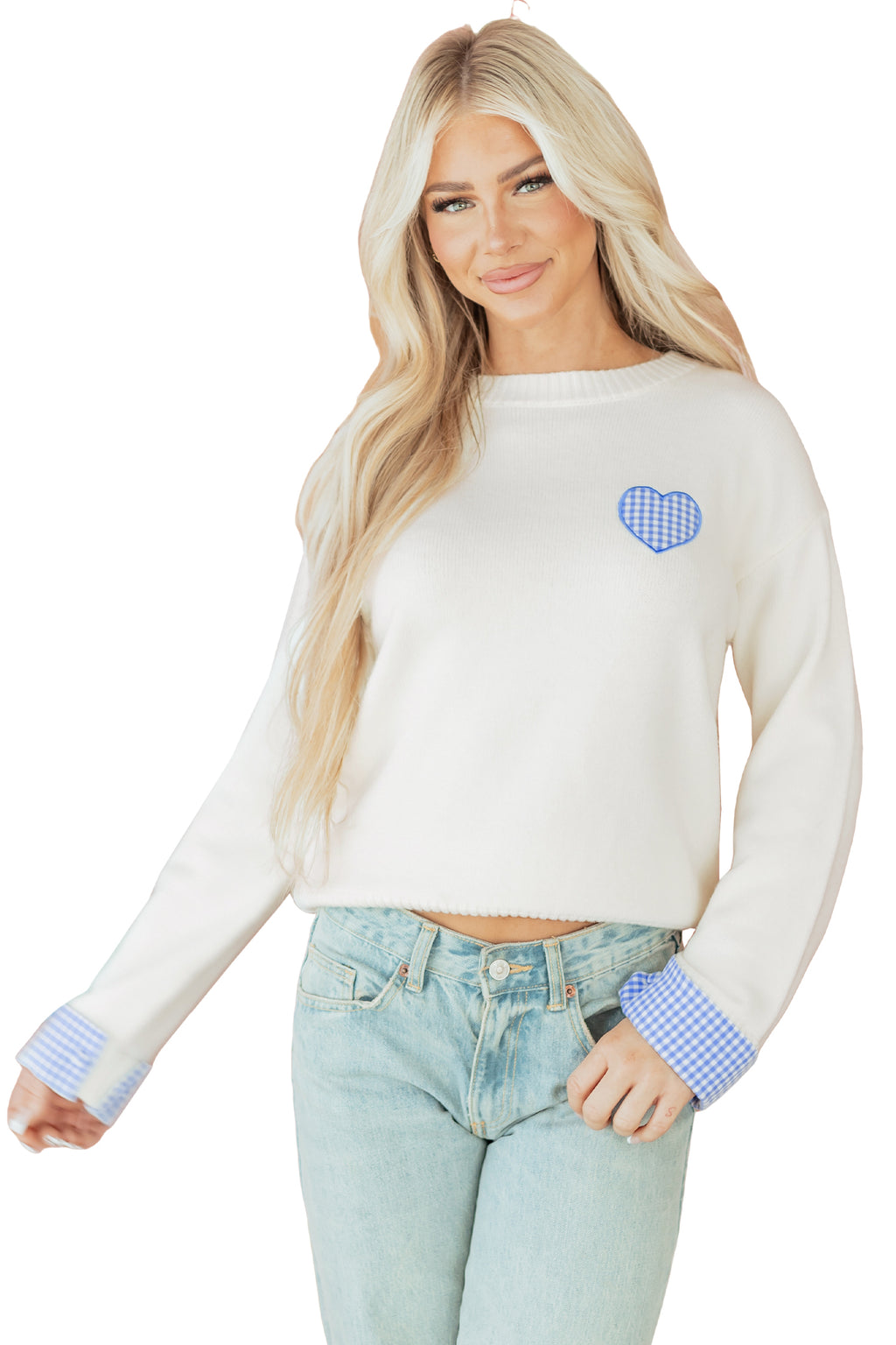 White Plaid Heart Embroidered Cuffed Drop Shoulder Crew Neck Sweater 🇺🇸