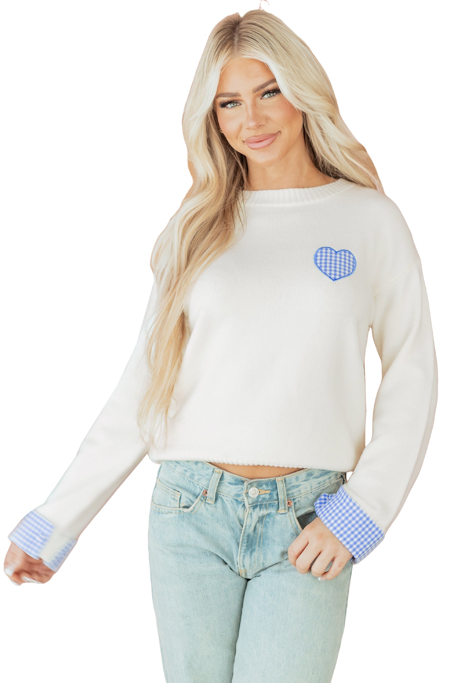 White Plaid Heart Embroidered Cuffed Drop Shoulder Crew Neck Sweater 🇺🇸