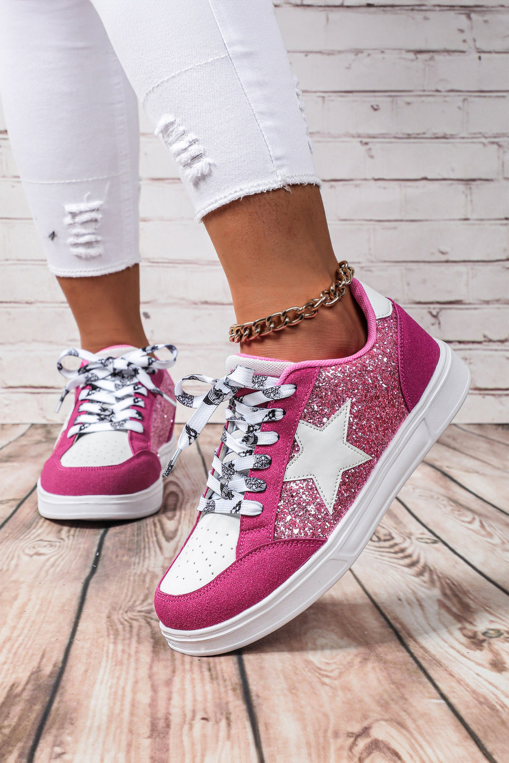 Rose Red Stylish Color Block Glitter Star Patchwork Lace-up Flat Shoes 🇺🇸