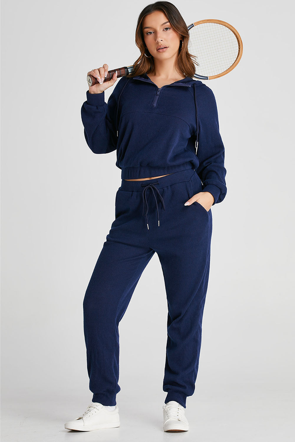 Navy Blue Ribbed Knit Cropped Hoodie and Drawstring Joggers Set 🇺🇲