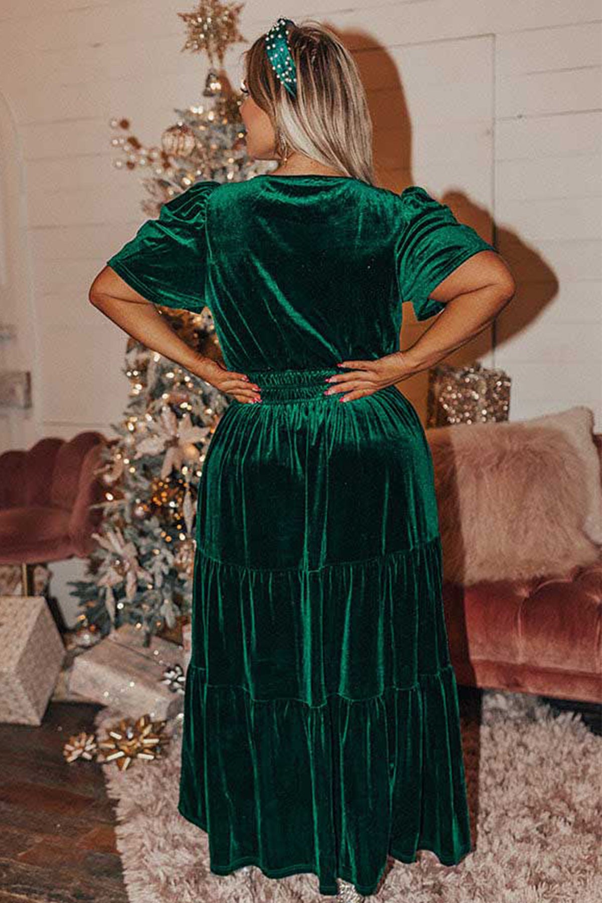 Blackish Green Velvet Short Sleeve Shirred Waist Tiered Plus Size Maxi Dress 🇺🇸