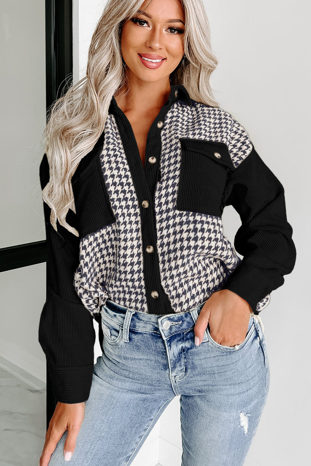 Black Houndstooth Corduroy Patchwork Flap Pocket Shacket 🇺🇸