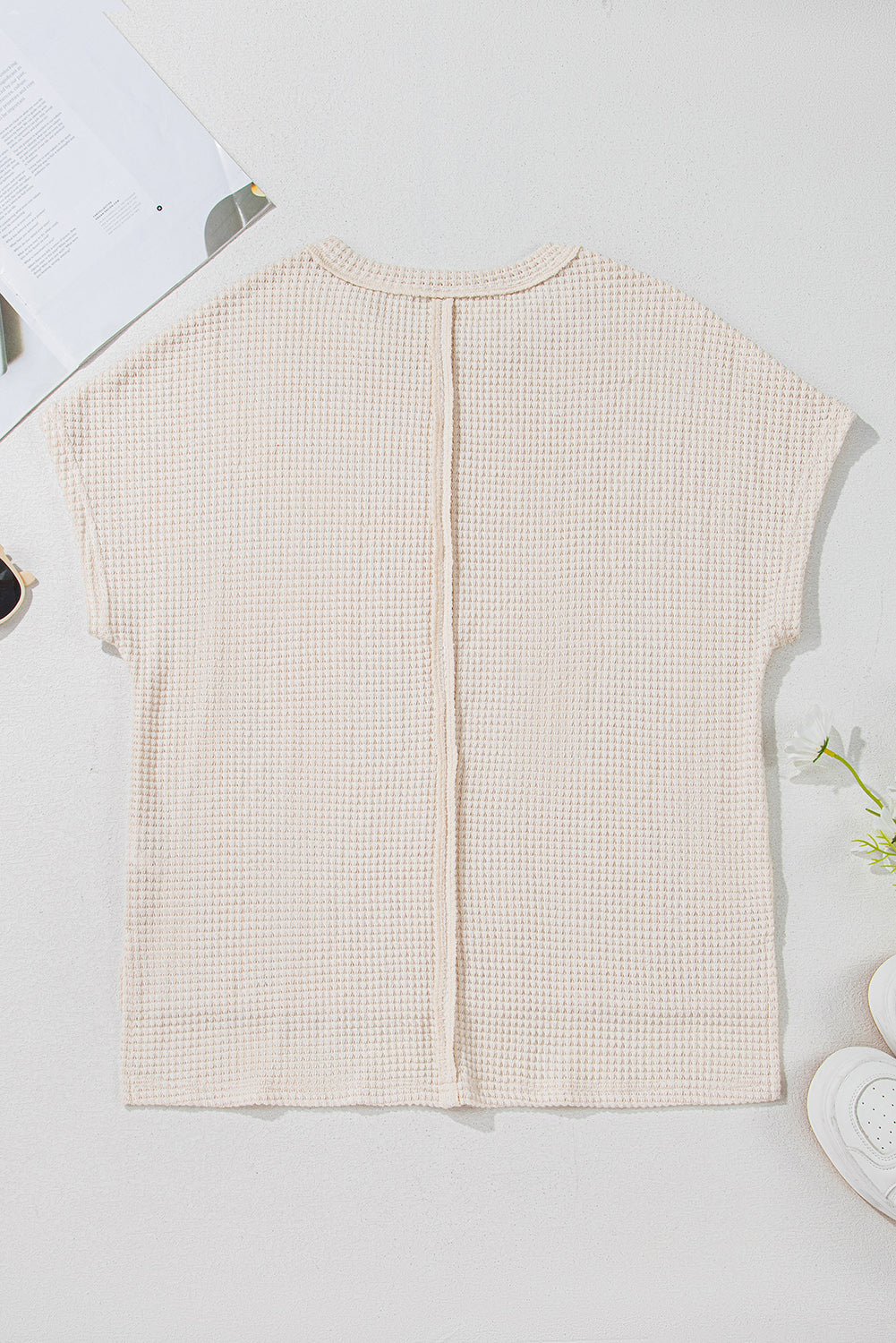 Pale Khaki Solid Color Textured Seamed Short Sleeve Top 🇨🇳