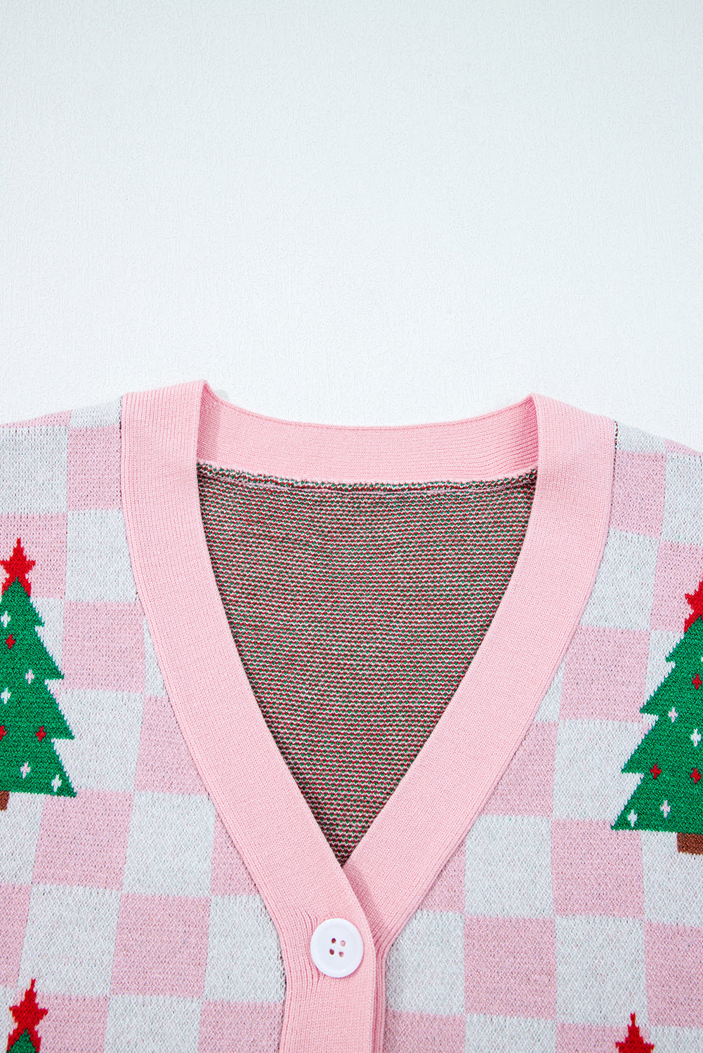 Pink Checkered Christmas Tree Pattern Button V Neck Cardigan Sweater 🇺🇸