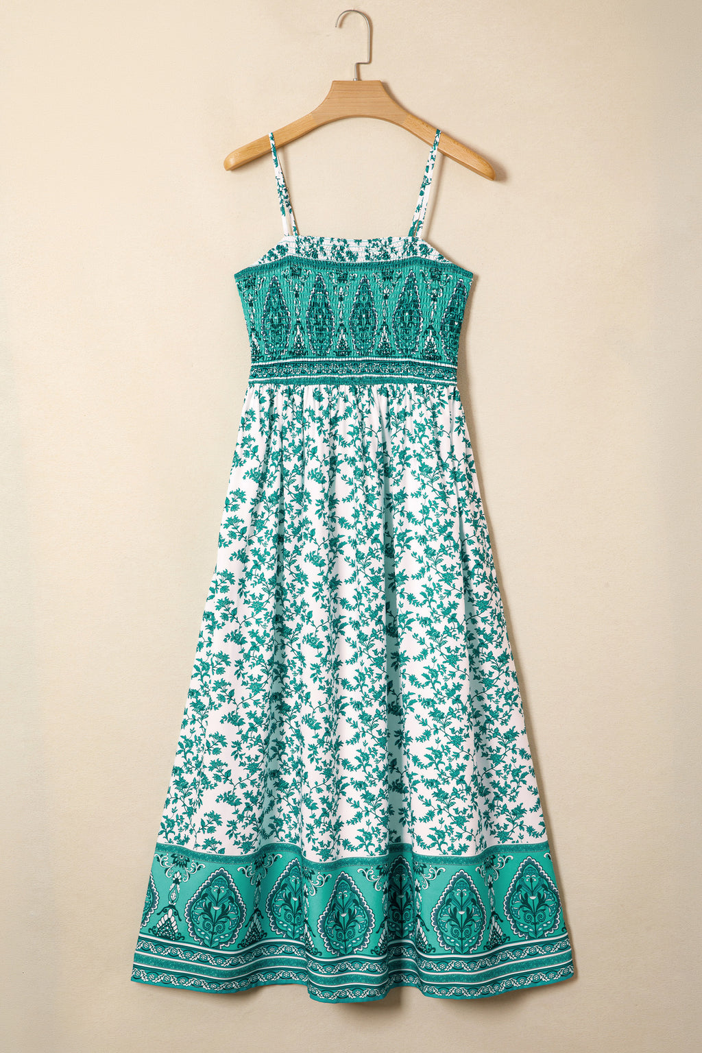 Green Boho Floral Print Shirred Cami Maxi Dress 🇺🇸