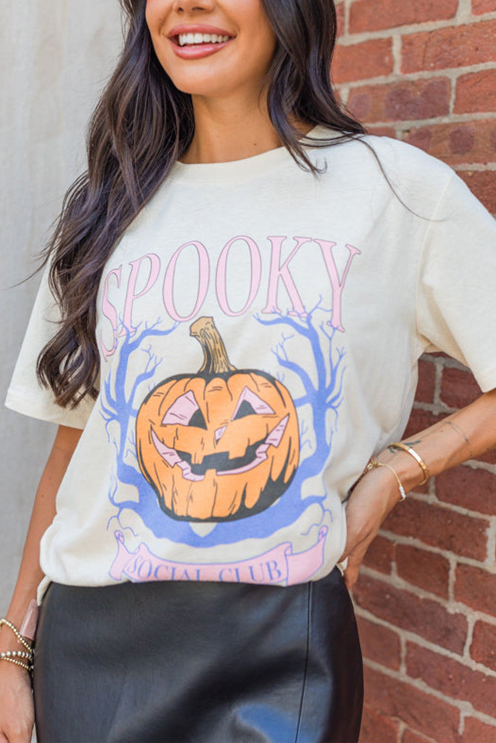 White SPOOKY Pumpkin Print Round Neck Halloween T Shirt 🇺🇲