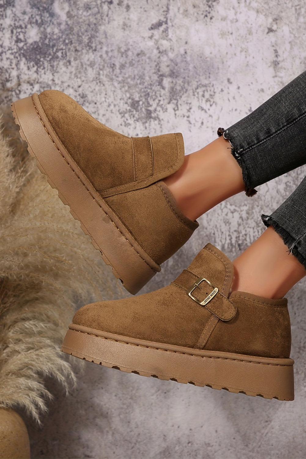Coffee Buckle Detail Round Toe Platform Cozy Winter Boots 🇺🇸