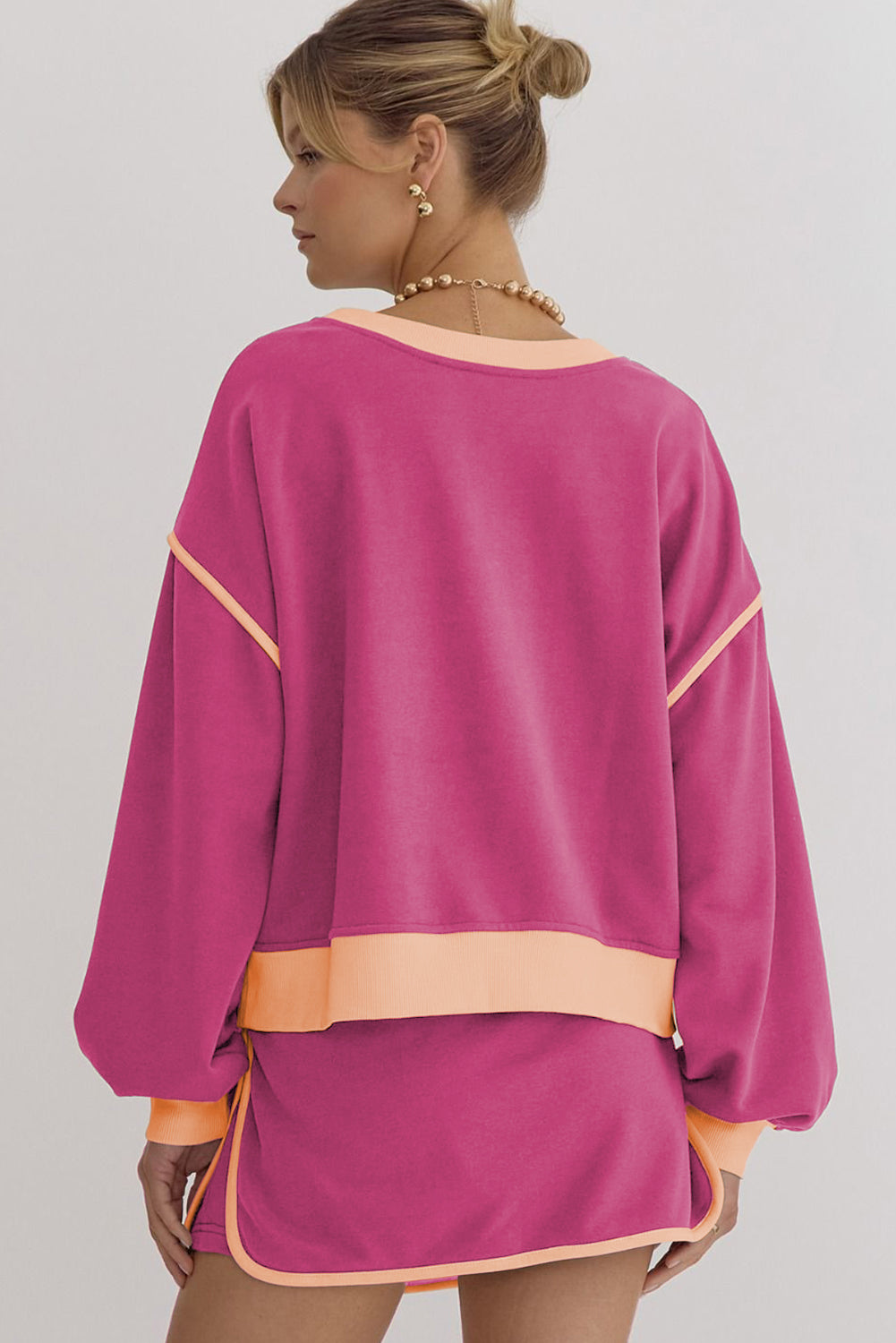 Rose Red Color Contrast Loose Pullover and Lace-up Waist Skort Set 🇨🇳