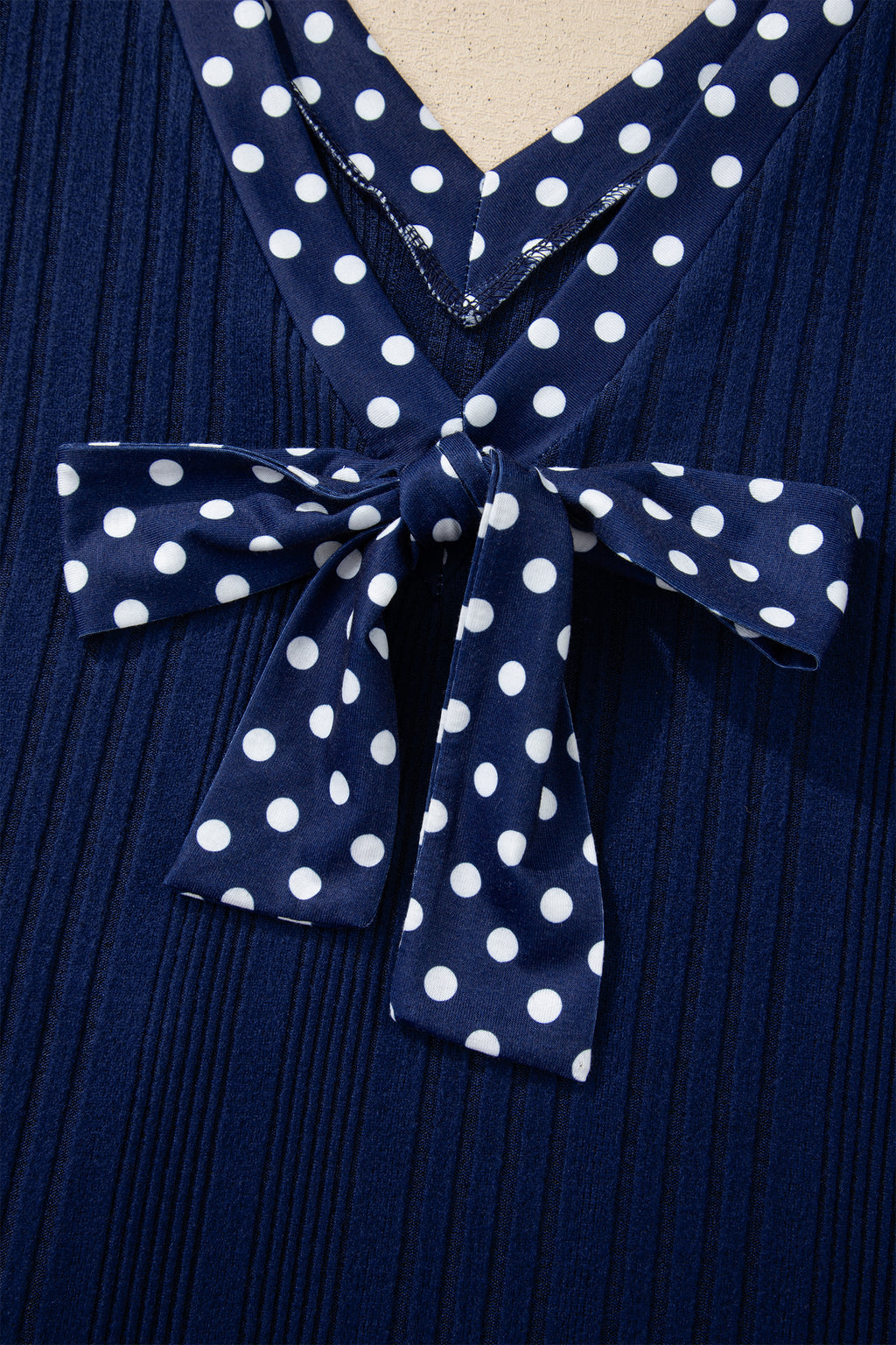 Dirty blue Polka Dot Trimmed V Neck Bow Tie Textured Ribbed Top 🇺🇸