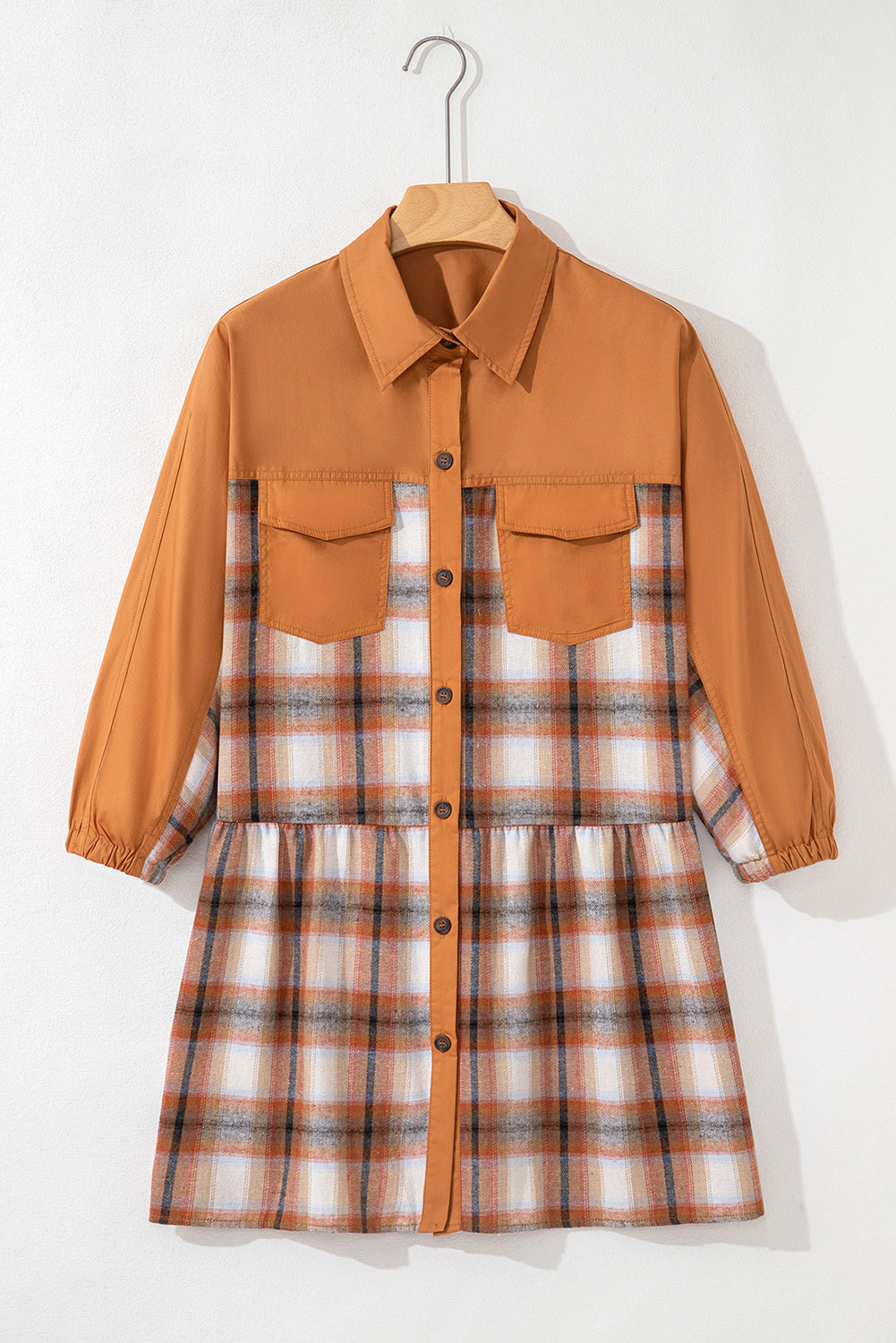 Khaki Plaid Color Block Patchwork Ruffle Hem Tunic Shirt Dress 🇺🇸
