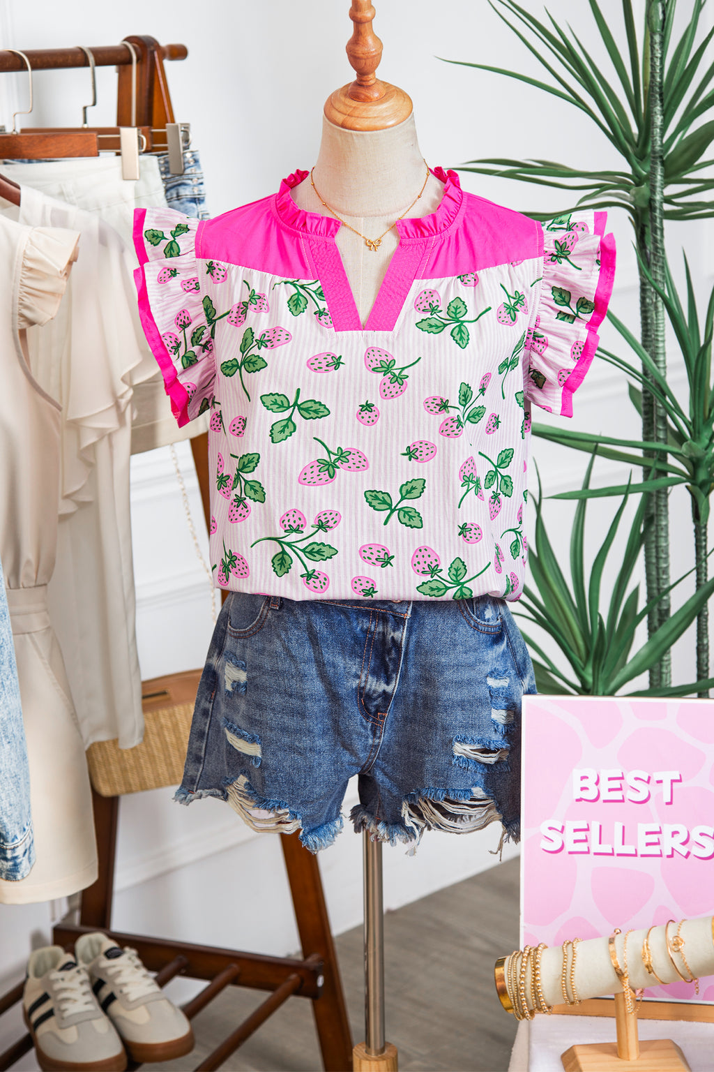 Pink Striped Strawberry Printed Color Block Patchwork V Neck Flutter Sleeve Blouse 🇺🇸