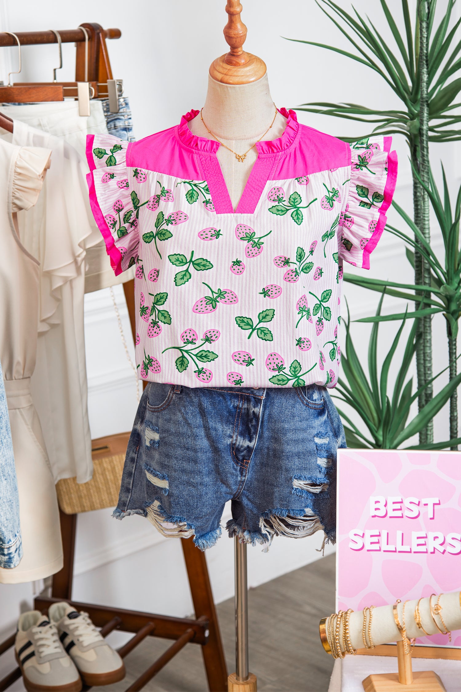 Pink Striped Strawberry Printed Color Block Patchwork V Neck Flutter Sleeve Blouse 🇺🇸