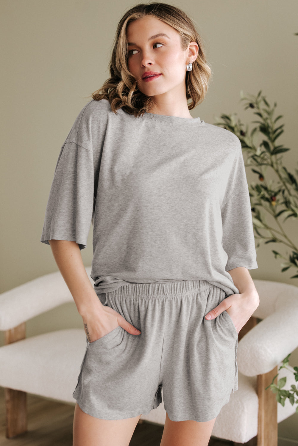 Gray Solid Color Loose Tee 2 Piece Shorts Set 🇨🇳