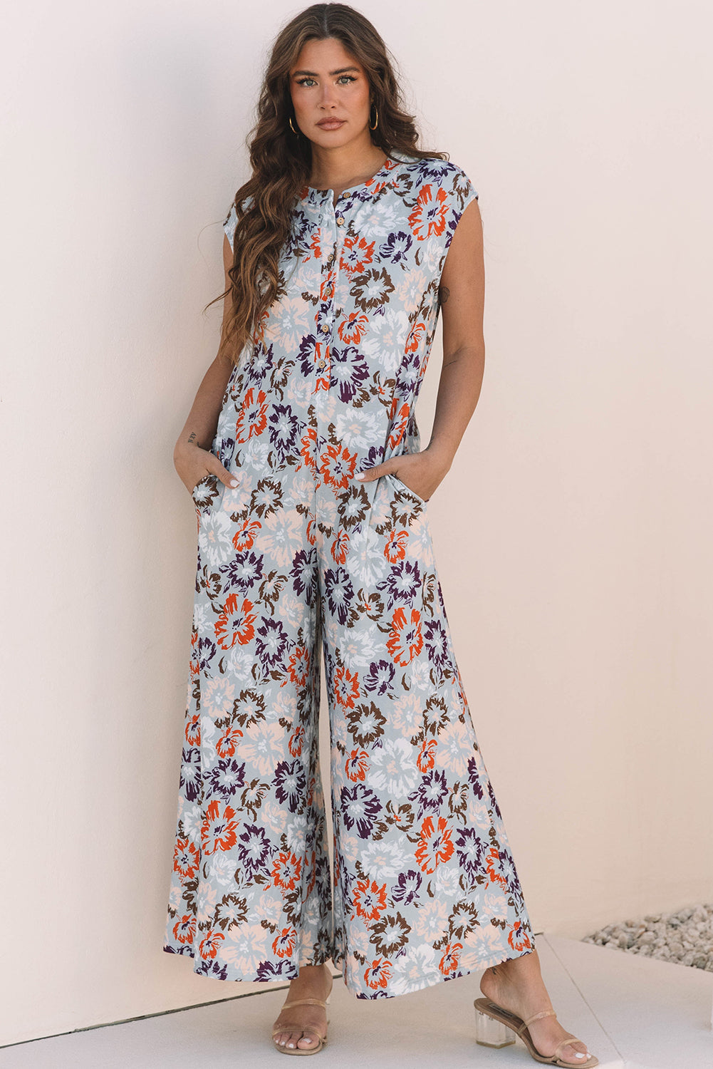 Sky Blue Floral Sleeveless Buttoned Pocketed Wide Leg Jumpsuit 🇺🇸