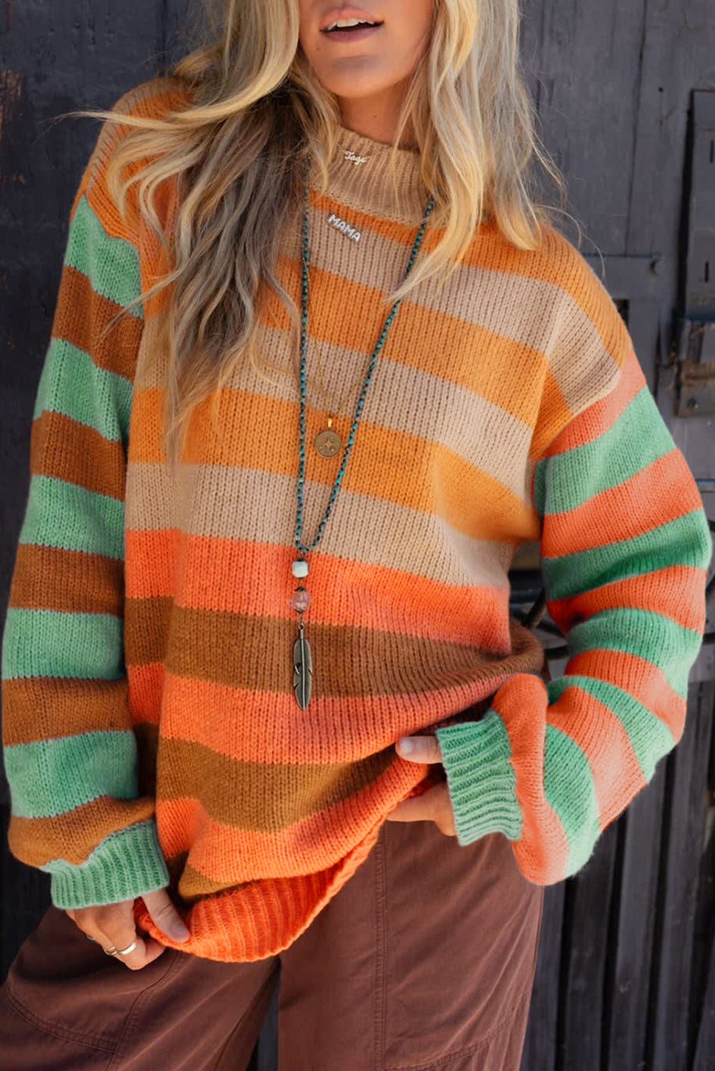 Orange Stripe Color Block High Neck Drop Shoulder Cozy Sweater 🇺🇲